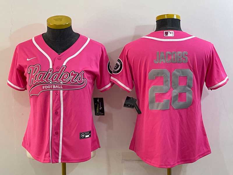 Womens Las Vegas Raiders #28 Josh Jacobs Pink With Patch Cool Base Stitched Baseball Jersey